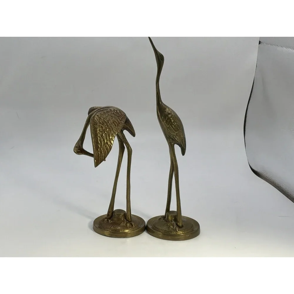 Vintage MCM Brass Bird Pair of 2 Crane Heron Egret Large Figurines 8.5 In 5 In
